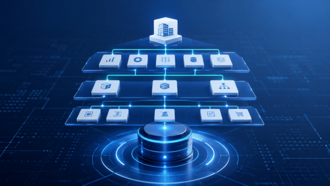 Futuristische Darstellung einer Stammdatenhierarchie mit mehreren verbundenen Datenebenen, Symbolkacheln und zentraler Datenbank auf blauem digitalem Hintergrund.
